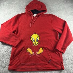 VINTAGE Looney Tunes Tweety Hoodie‎ Mens Large Red Fleece Hoodie Lined